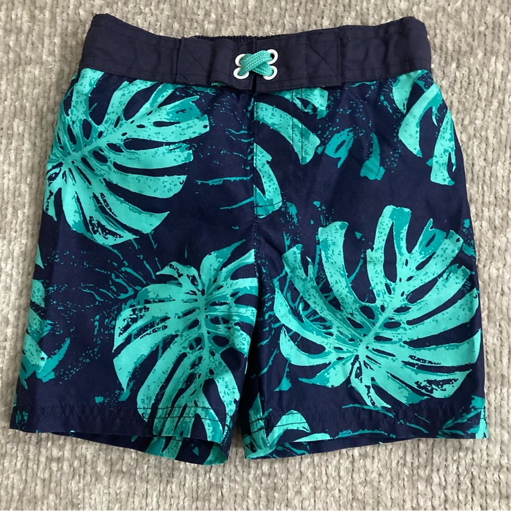 Cat & Jack 3T Swim Trunks Tropical Leaf Print Navy Green Mesh Lined Summer